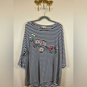Gibson Latimer Blue and White Striped Tunic with Floral Embroidery. Size 3X